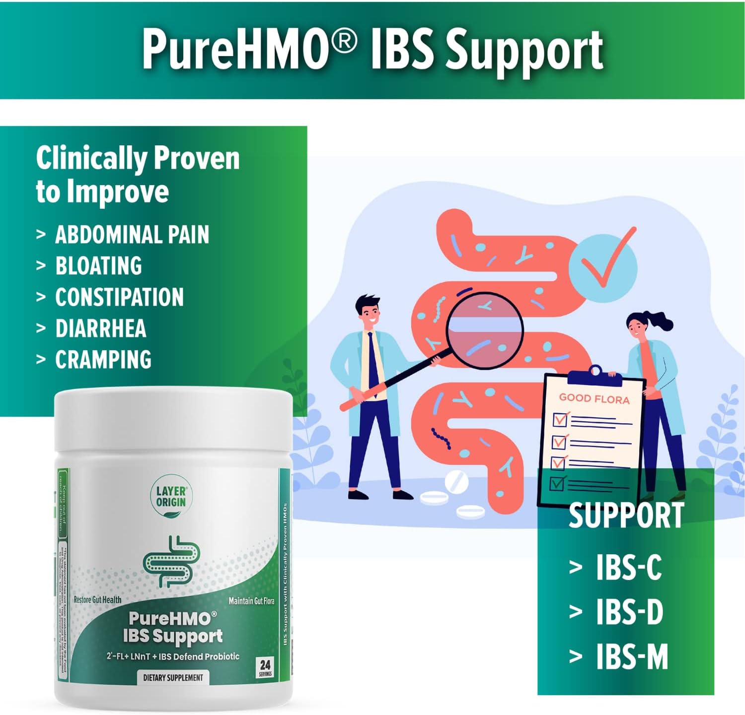 Origin PureHMO IBS Support: Clinical Super Prebiotic + Probiotic for Gut Health & Function