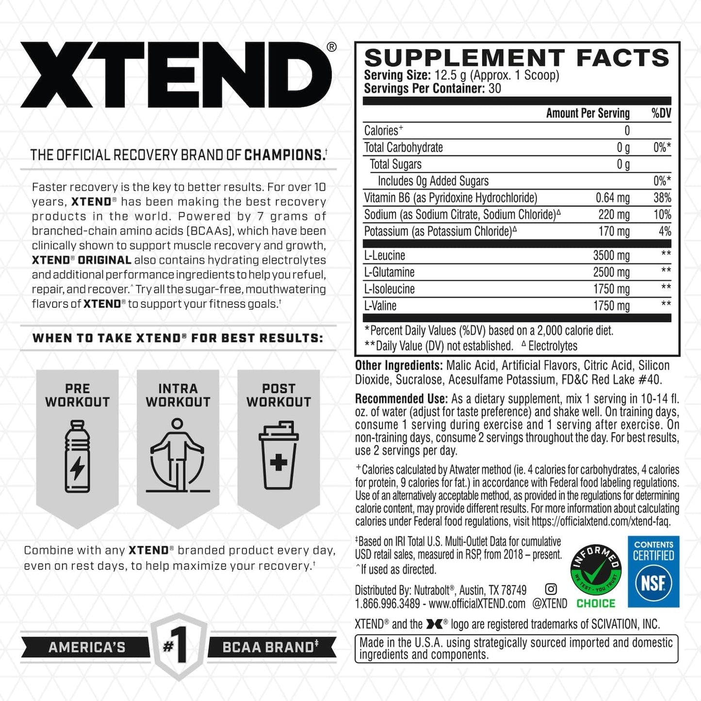 Original BCAA Powder with 7g BCAA and 2.5g L-Glutamine for Post Workout Muscle Recovery, Sugar Free Drink for Men & Women, 30 Servings