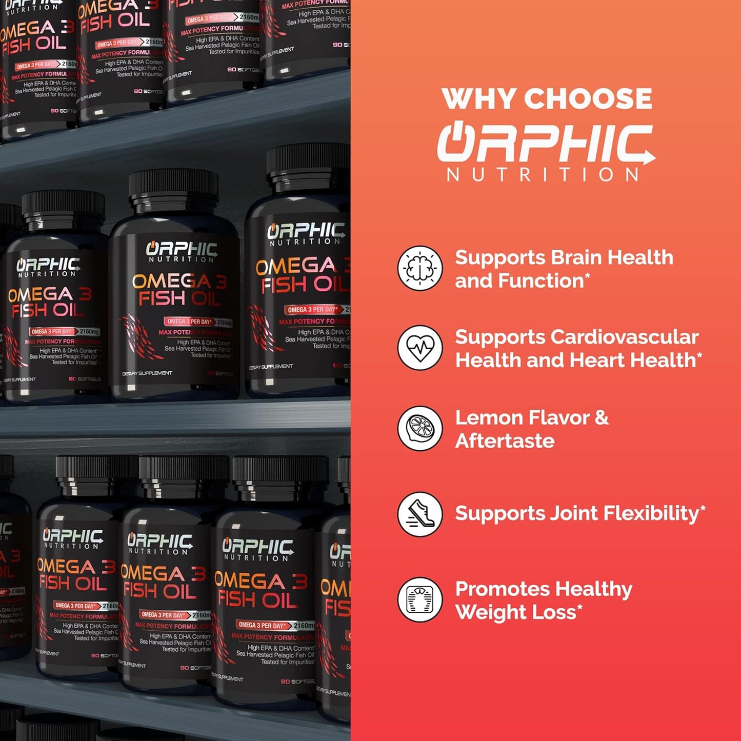 Orphic Nutrition Lemon Flavored Omega 3 Fish Oil Supplement - 90 Softgel Capsules, 3600mg - Heart and Joint Health Support