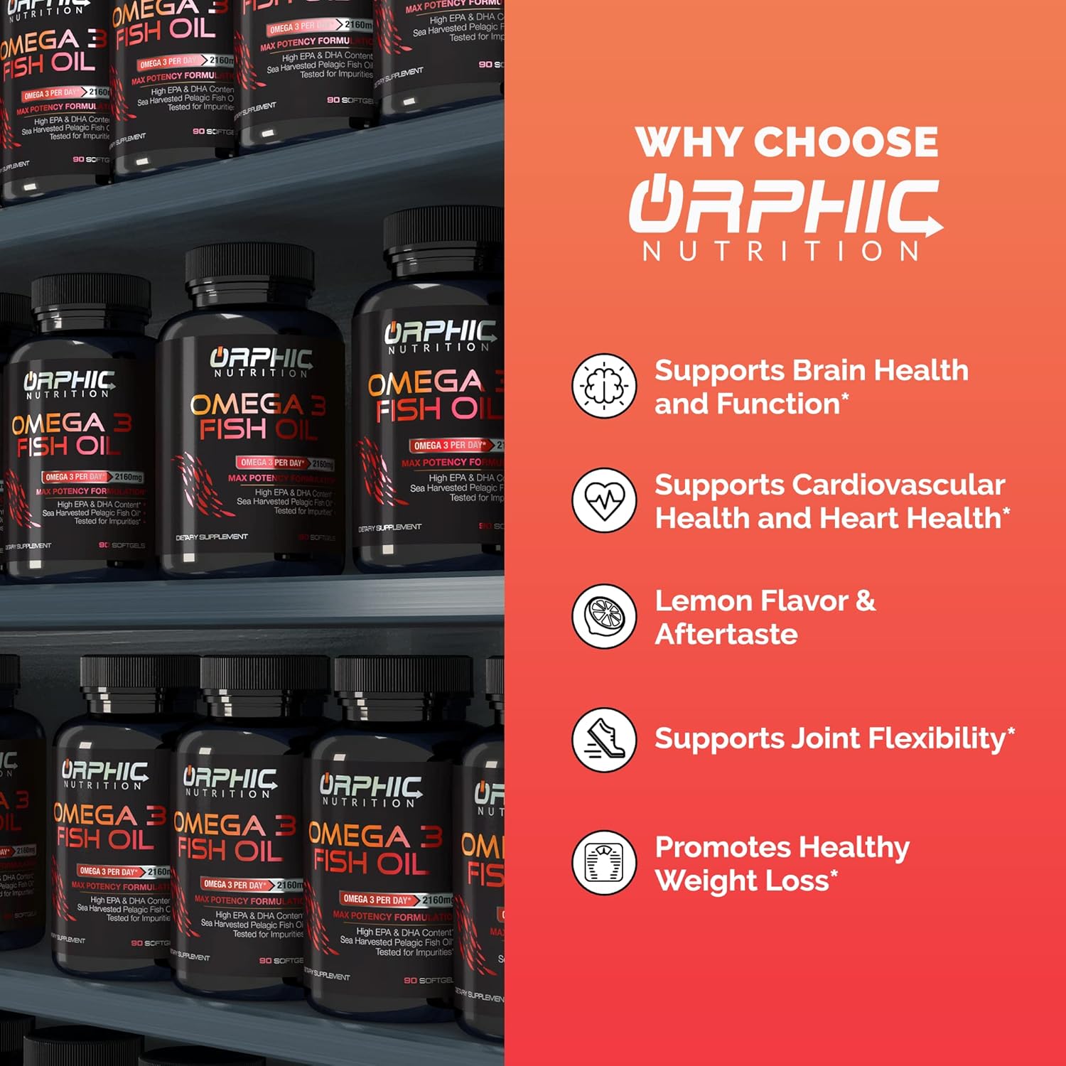 Orphic Nutrition Lemon Flavored Omega 3 Fish Oil Supplement - 90 Softgel Capsules, 3600mg - Heart and Joint Health Support