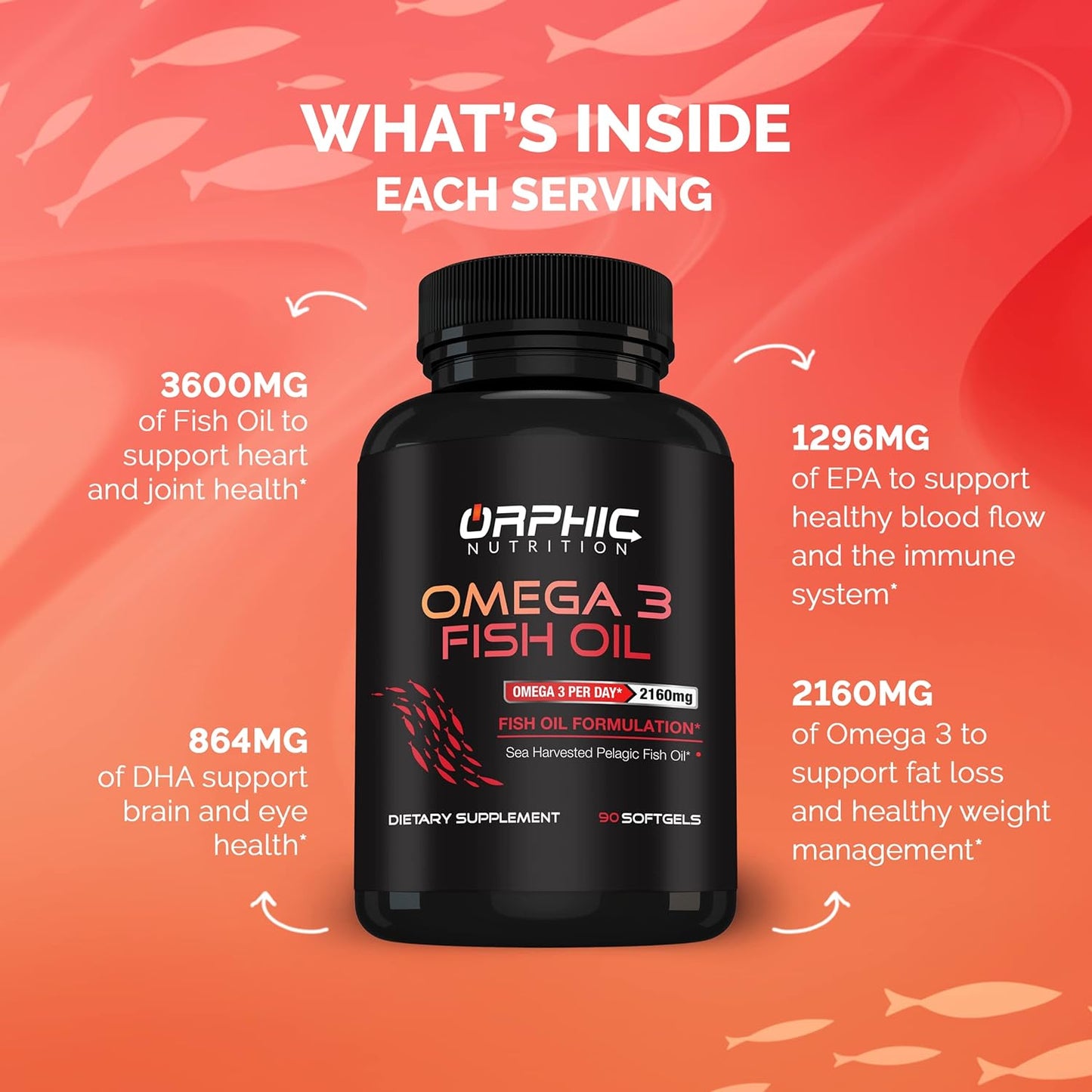 Orphic Nutrition Lemon Flavored Omega 3 Fish Oil Supplement - 90 Softgel Capsules, 3600mg - Heart and Joint Health Support