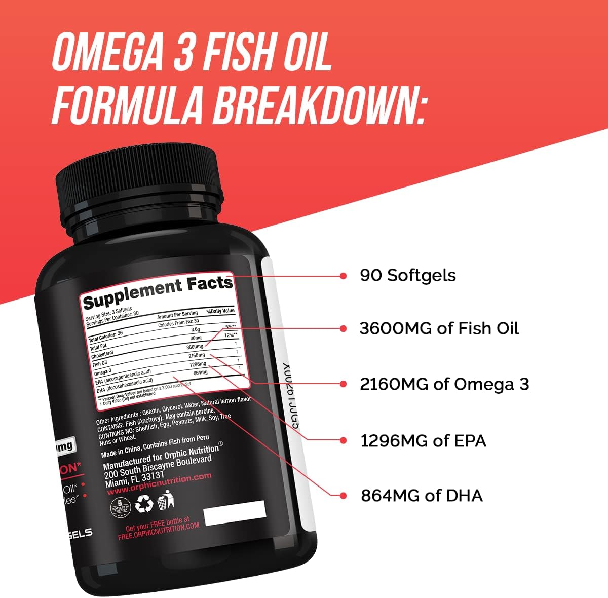 Orphic Nutrition Lemon Flavored Omega 3 Fish Oil Supplement - 90 Softgel Capsules, 3600mg - Heart and Joint Health Support