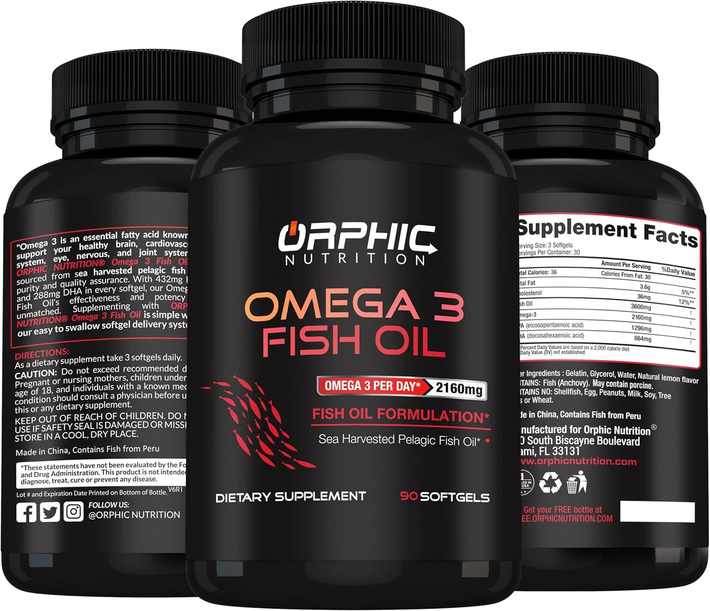 Orphic Nutrition Lemon Flavored Omega 3 Fish Oil Supplement - 90 Softgel Capsules, 3600mg - Heart and Joint Health Support