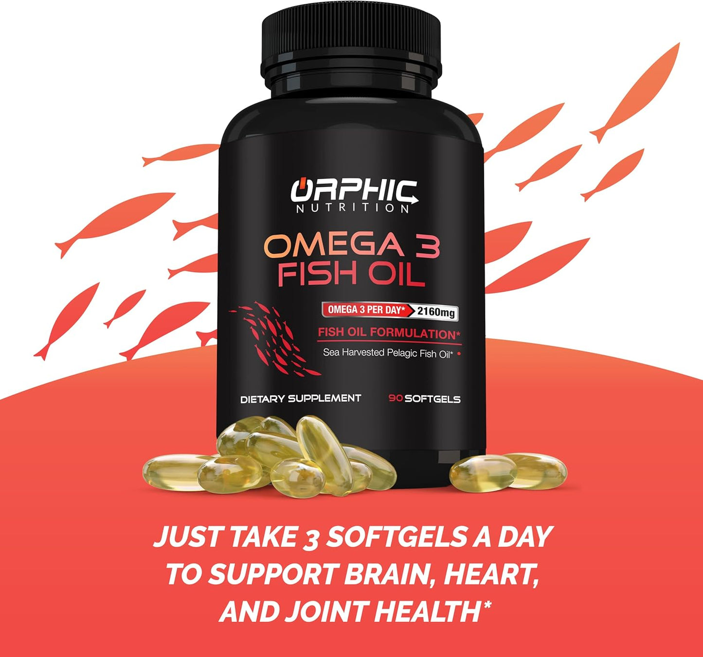 Orphic Nutrition Lemon Flavored Omega 3 Fish Oil Supplement - 90 Softgel Capsules, 3600mg - Heart and Joint Health Support