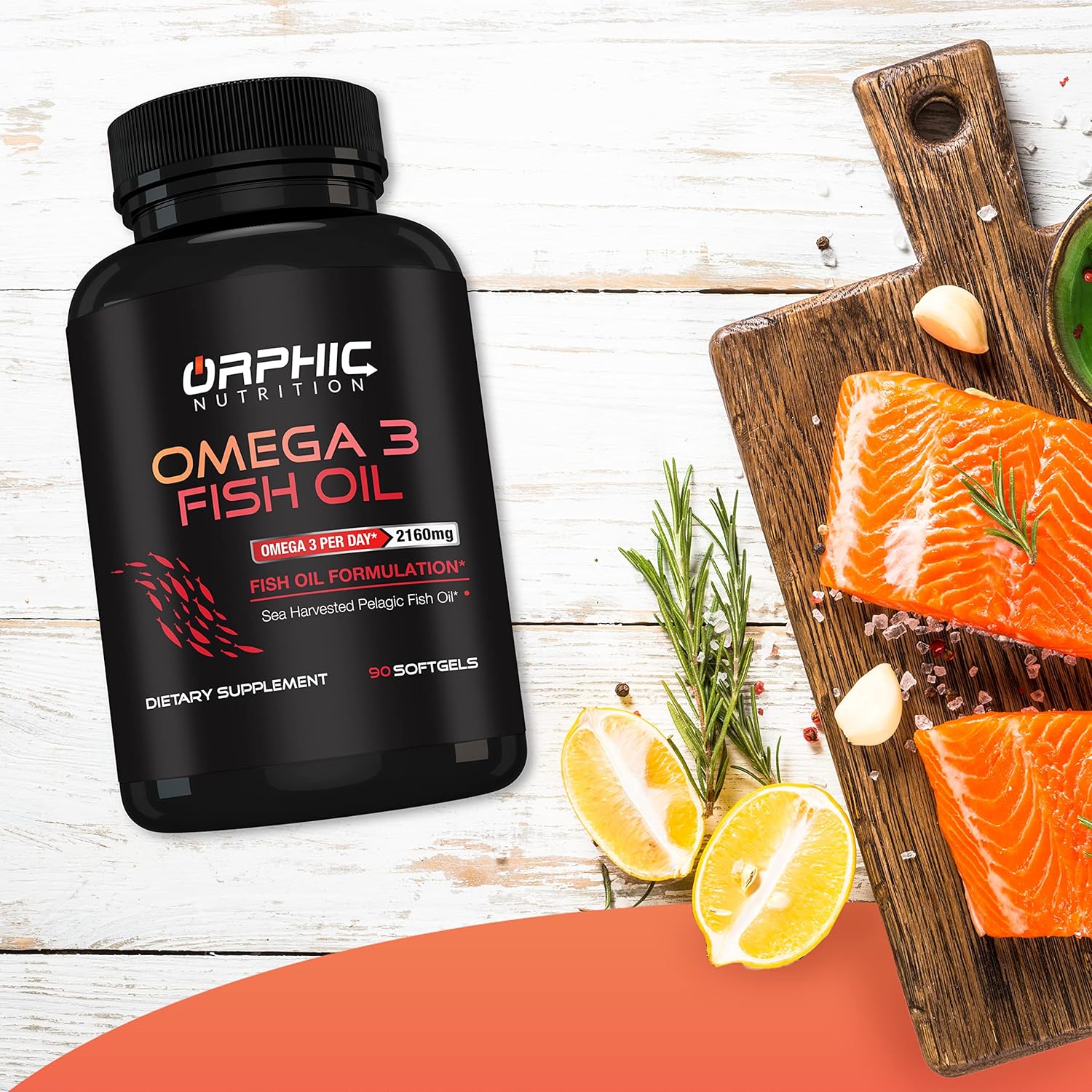Orphic Nutrition Lemon Flavored Omega 3 Fish Oil Supplement - 90 Softgel Capsules, 3600mg - Heart and Joint Health Support