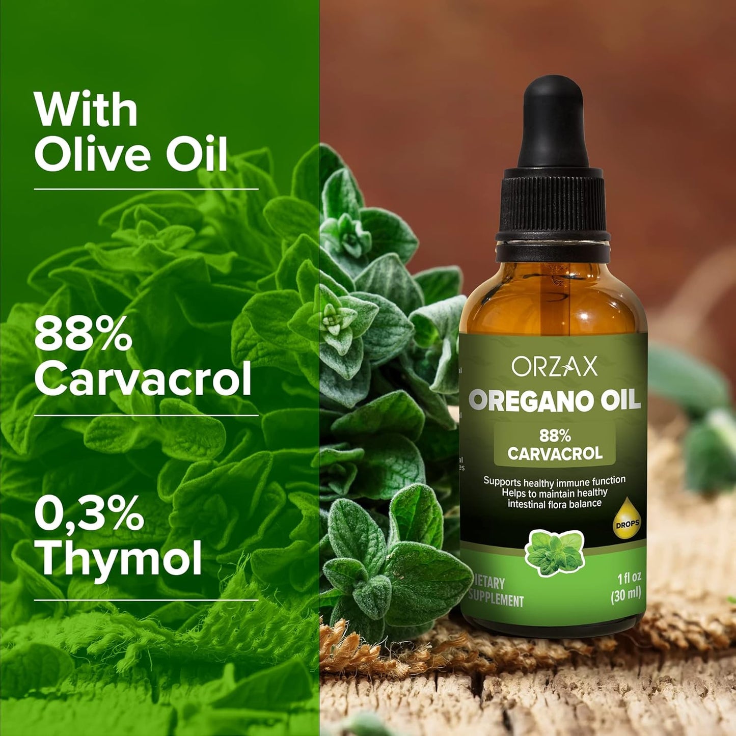 ORZAX Oregano Oil Drops - High Carvacrol Content - Immune Support and Intestinal Health - 1fl oz