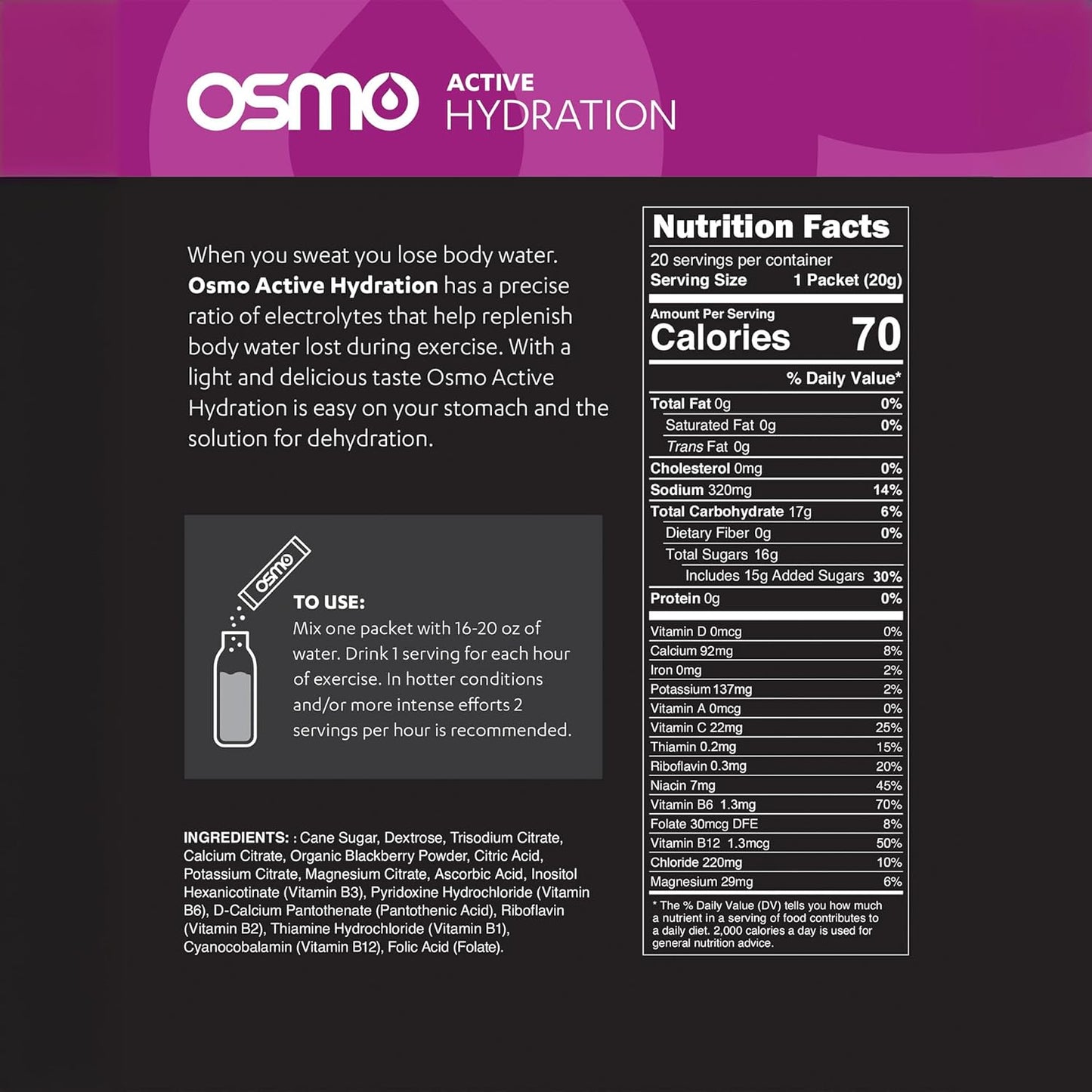 Osmo Active Hydration Electrolyte Powder - Natural Ingredients, 3X Faster Hydration, Boosts Power & Endurance - 20 Packets, BlackBerry Flavor