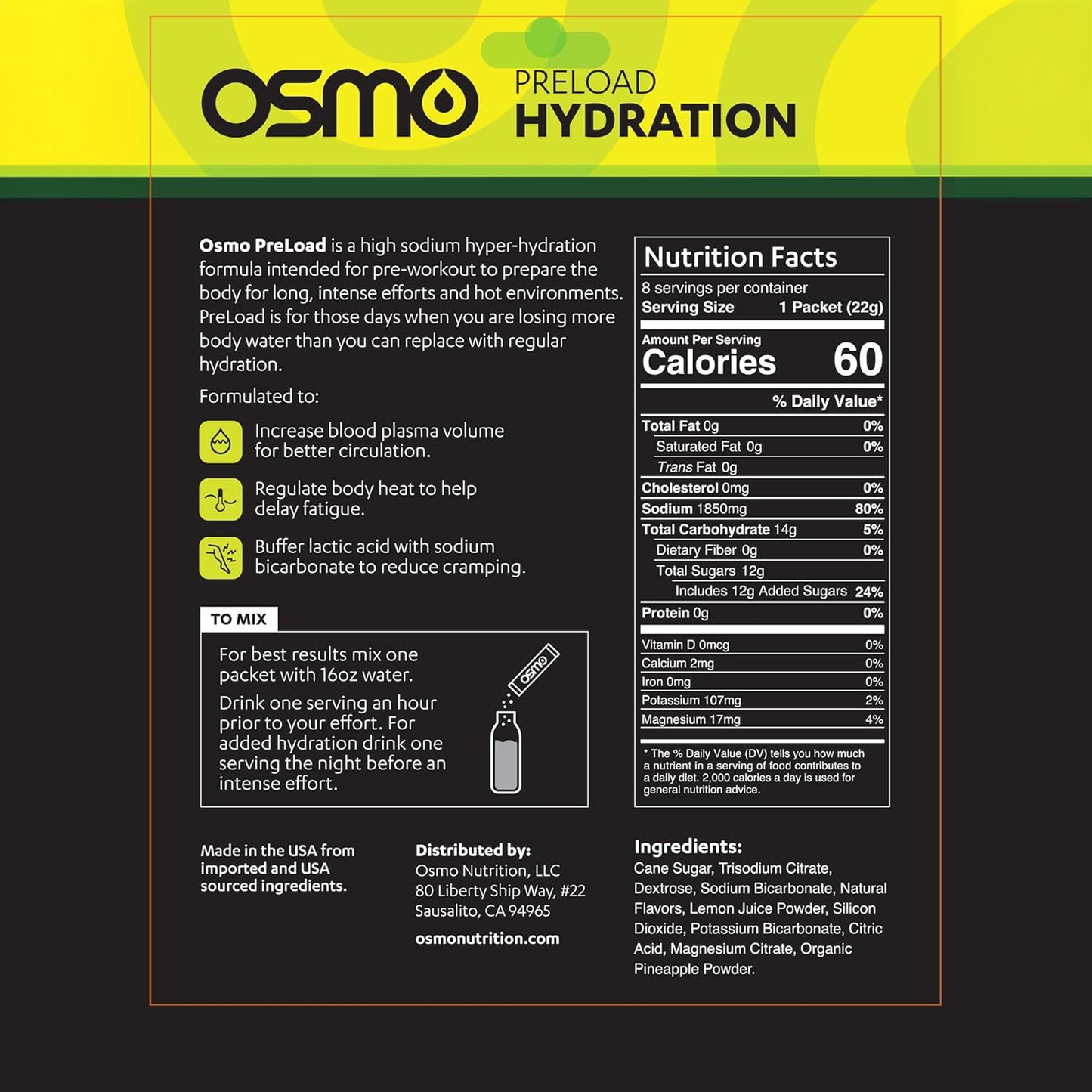 Osmo Preload Hydration Pre Workout Powder with High Sodium Bicarbonate, Magnesium, and Natural Ingredients - Pineapple Margarita Flavor - Beat Cramps and Dehydration