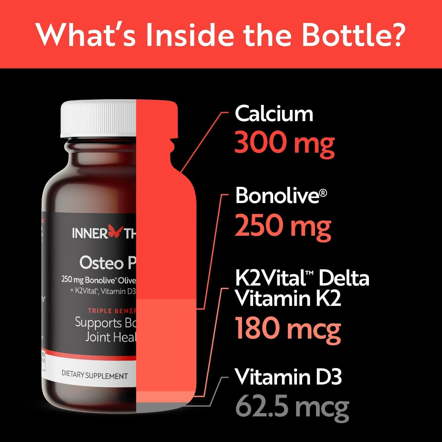 Osteo Plus Bone Support Supplement - Calcium, Vitamin D3, K2, Bonolive - Supports Joints, Bone Strength - Non-GMO, Vegan - 60 Count