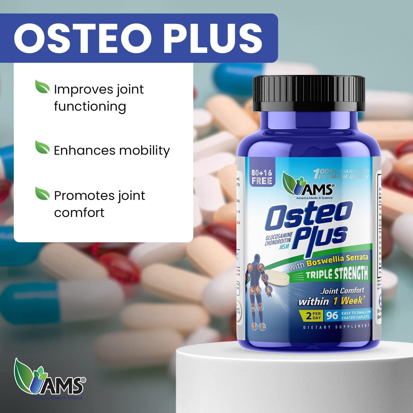Osteo Plus Joint Supplement with Boswellia Serrata & MSM - 96 Caplets for Men and Women