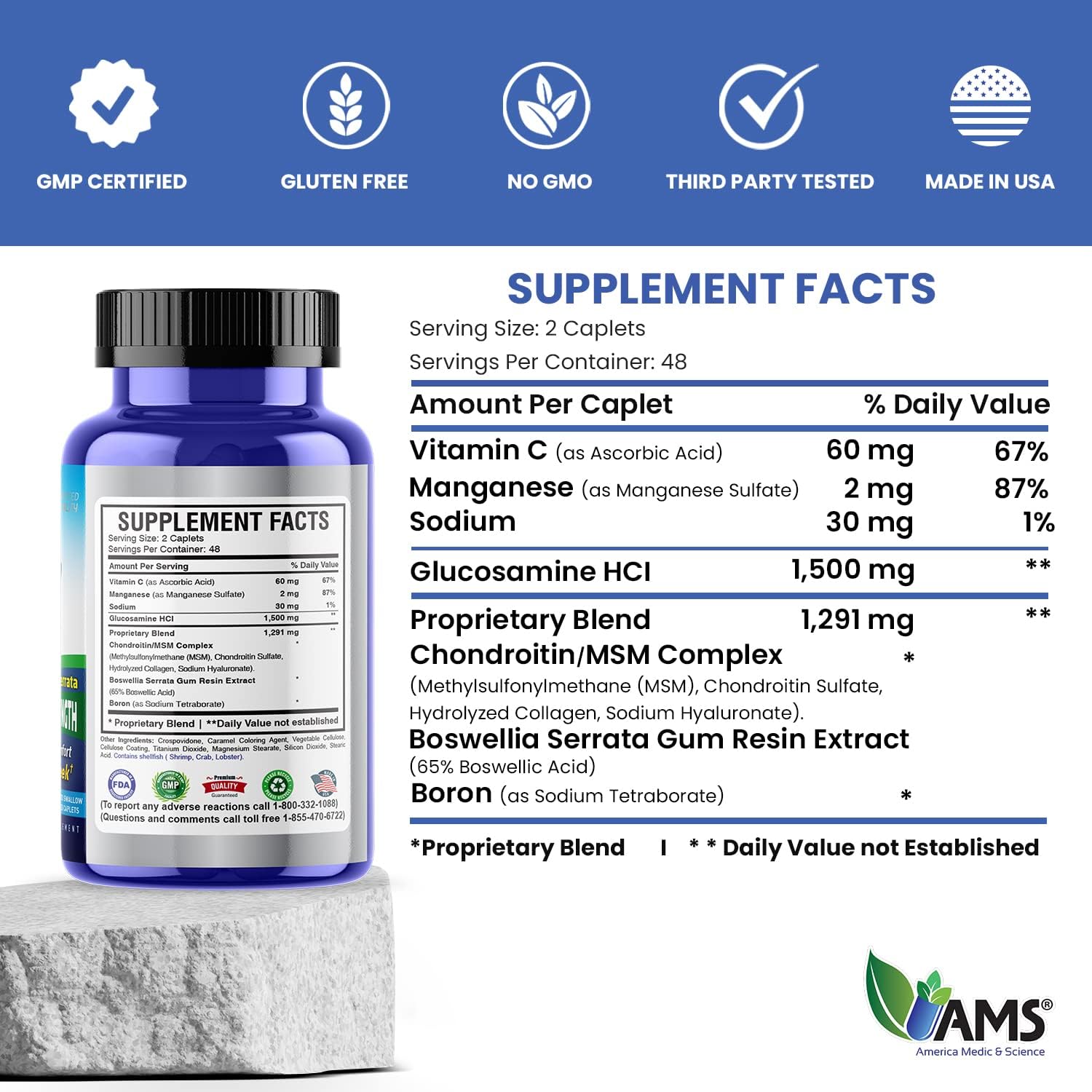 Osteo Plus Joint Supplement with Boswellia Serrata & MSM - 96 Caplets for Men and Women