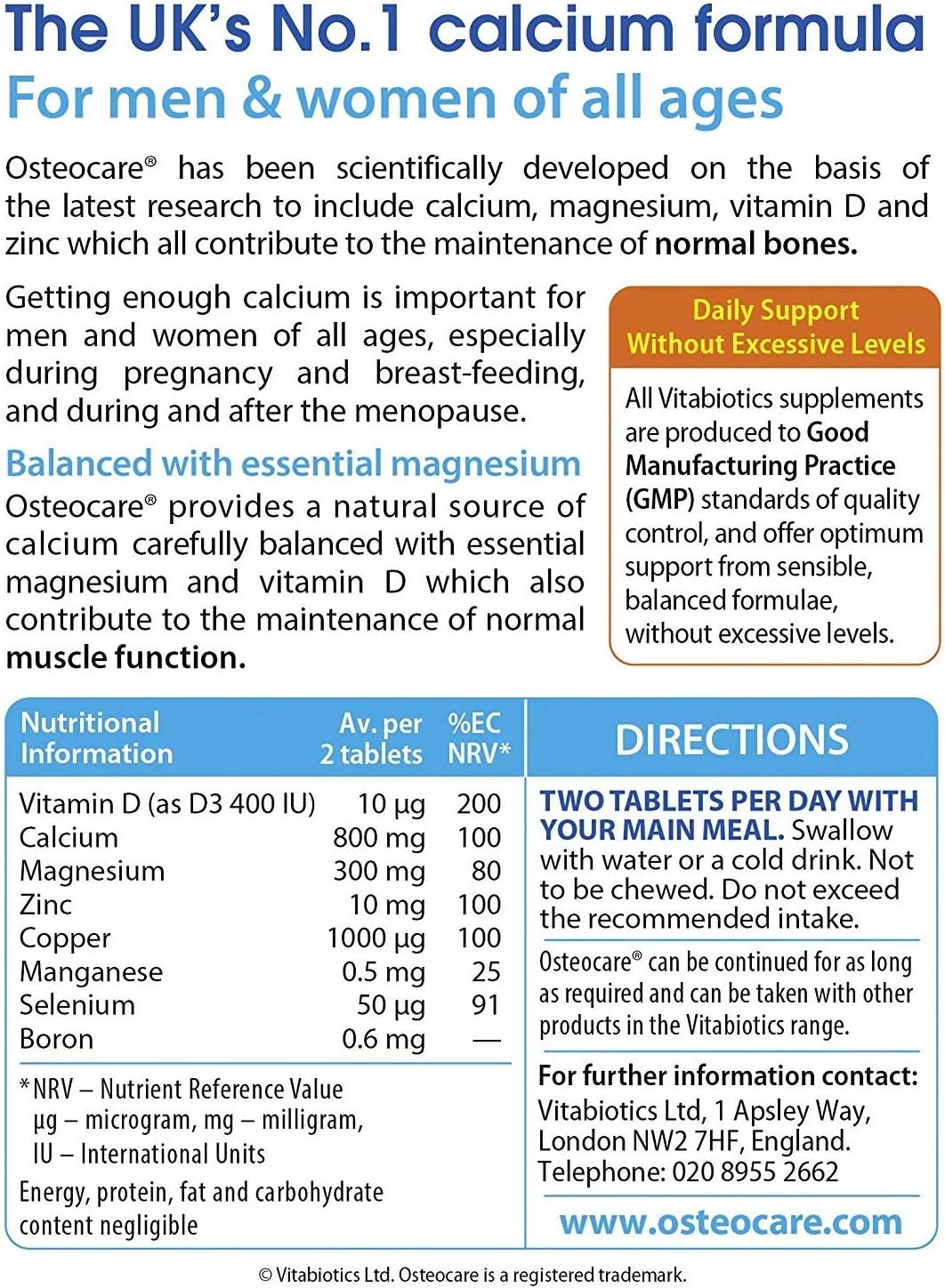 Osteocare 30 Tablets for Bone Health and Strength, Calcium and Vitamin D Supplement