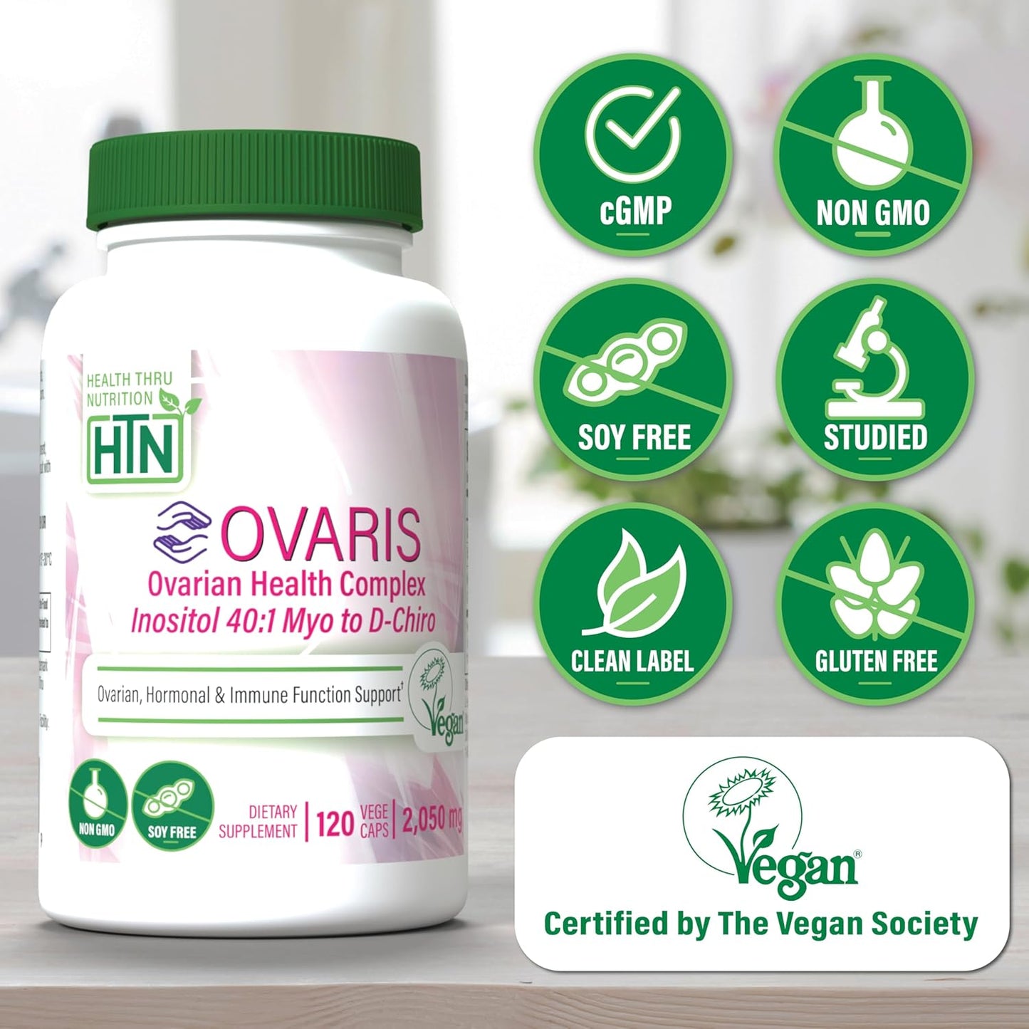 OVARIS Ovarian Health Complex Supplement | Inositol 40:1 Myo to D-Chiro | Hormonal & Ovary Function Support | Vitamin B8 for Women | Vegan Non-GMO | 120ct