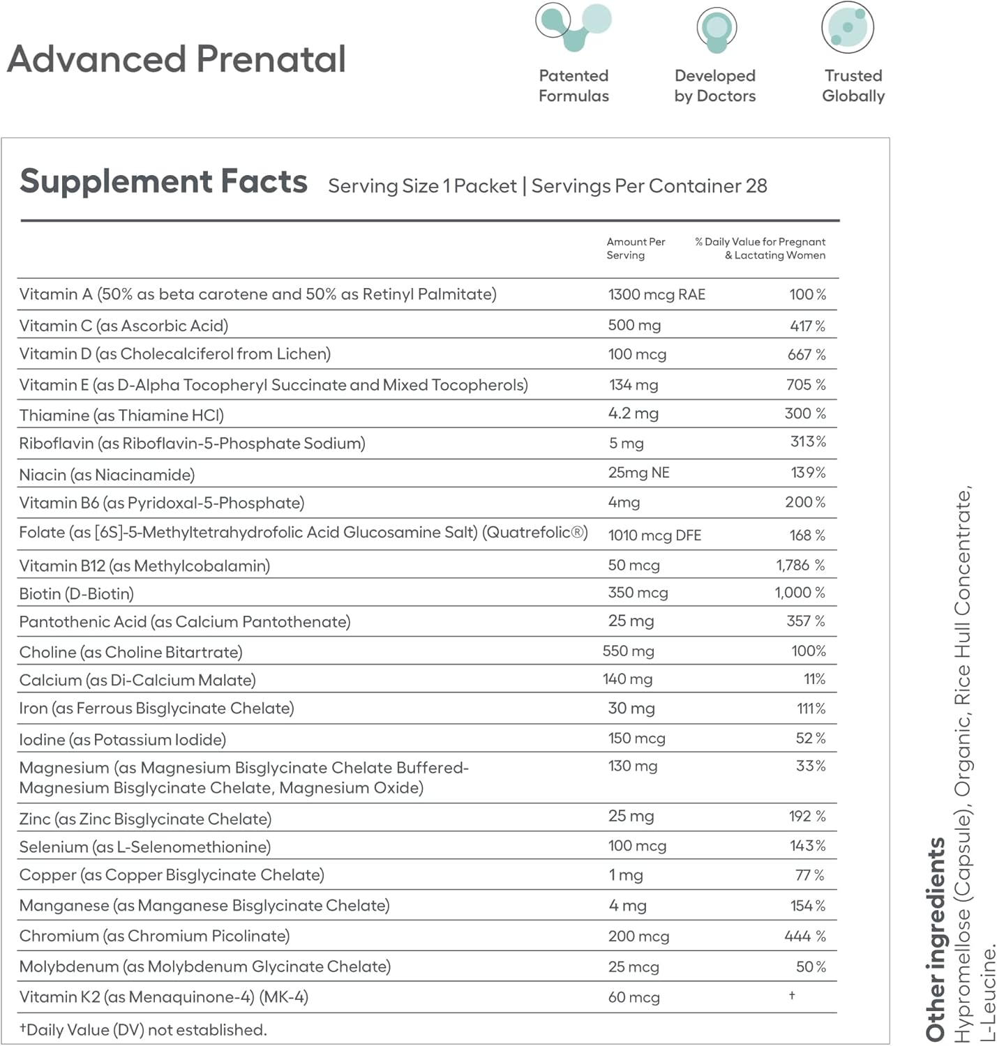 Ovaterra Advanced Prenatal Vitamins with Choline, Methylfolate, Chelated Iron, Vitamins A, B6, and B12 - 28 Capsules