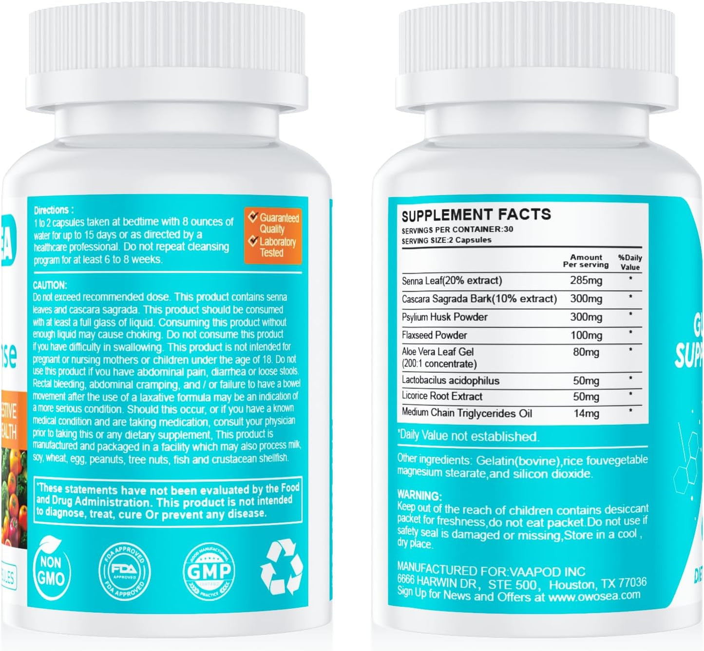 OWOSEA 15 Day Cleanse Gut & Colon Support Supplement for Women & Men - Detox, Digestive Health, Bloating & Constipation Relief, Energy Boost - 30 Capsules