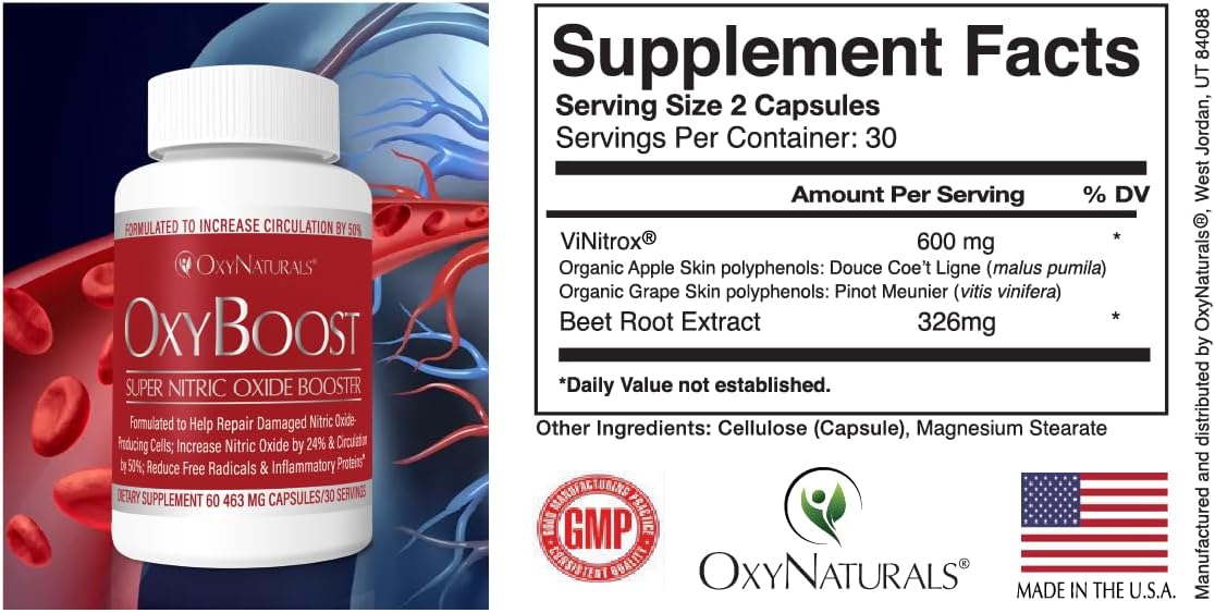 OxyNaturals OxyBoost with ViNitrox - Nitric Oxide Supplement for Blood Pressure, Heart Health, Energy, Circulation - 3 Bottles, 90 Servings
