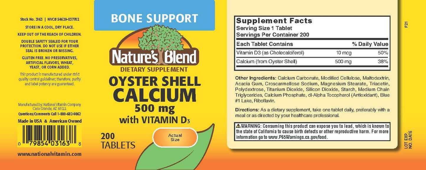 Oyster Shell Calcium with D3 200 Tablets - Natural Blend Formula