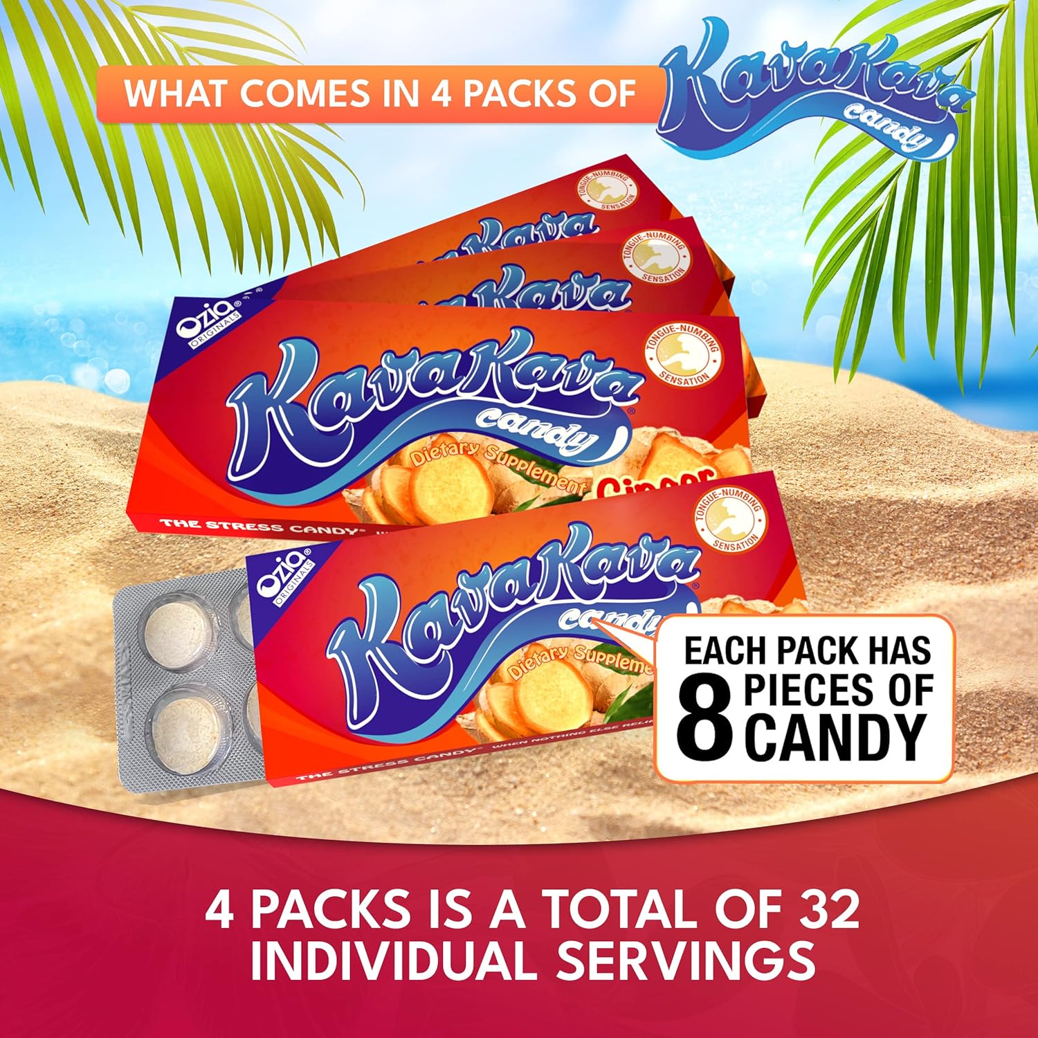 Ozia Originals Kava Kava Candy - Natural Stress Relief Supplement with Kava Extract, 32 Candies in Ginger Mint Flavor Pack