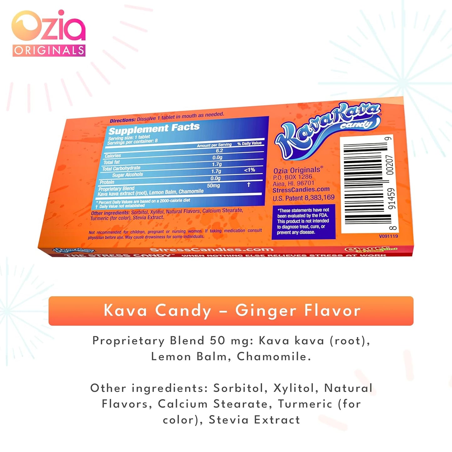 Ozia Originals Kava Kava Candy - Natural Stress Relief Supplement with Kava Extract, 32 Candies in Ginger Mint Flavor Pack
