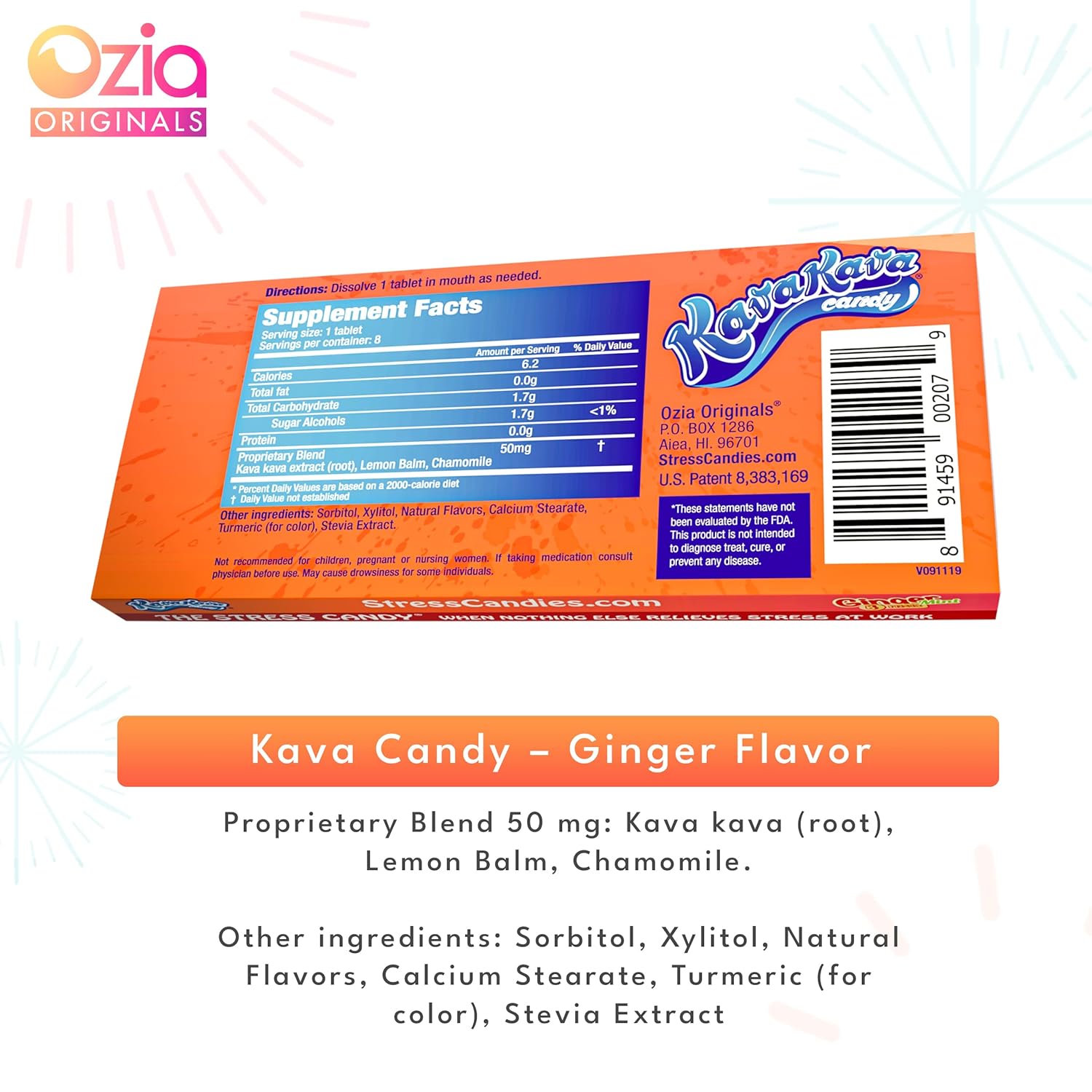 Ozia Originals Kava Kava Candy - Natural Stress Relief Supplement with Kava Extract, 32 Candies in Ginger Mint Flavor Pack