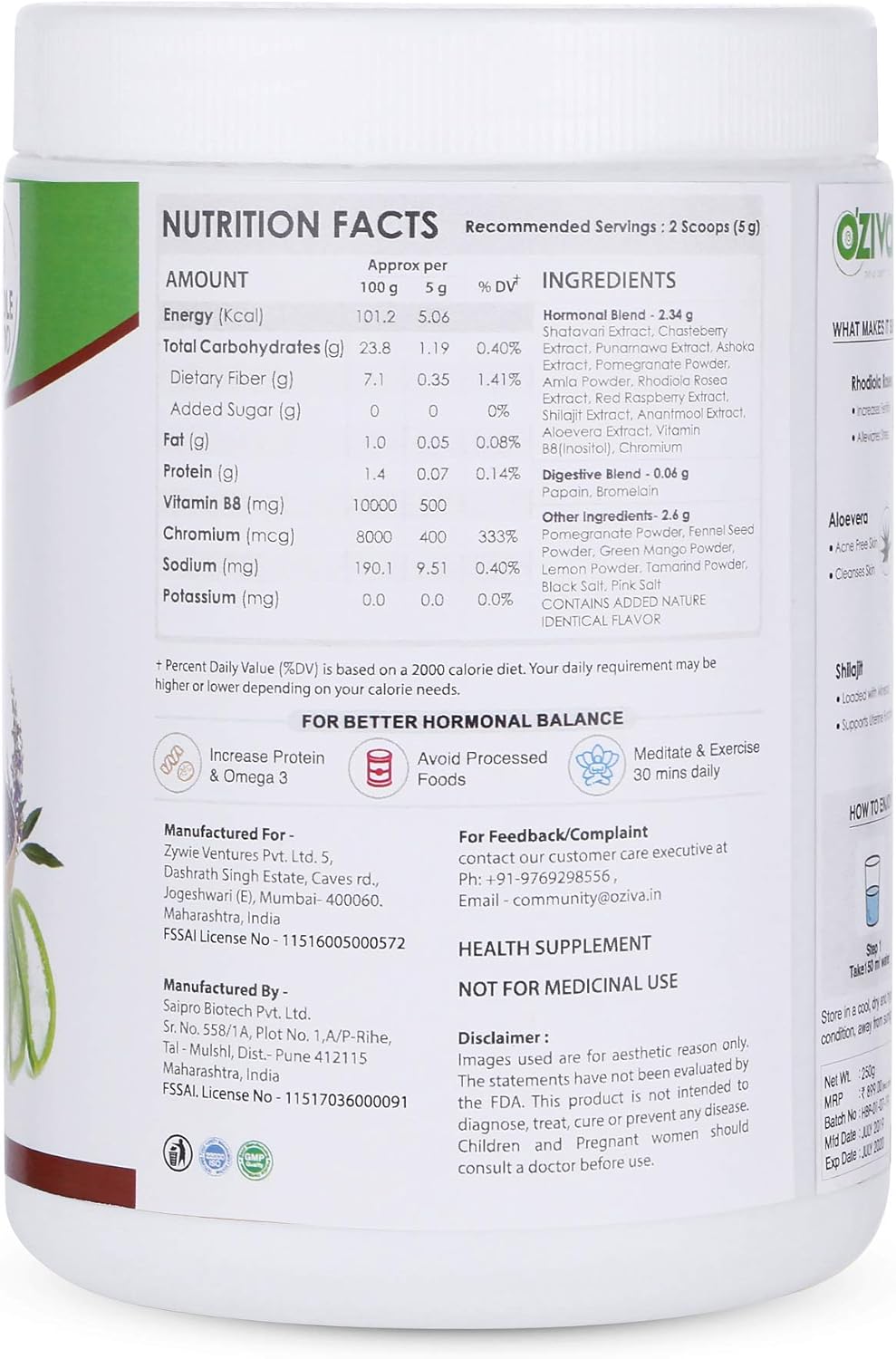 OZIVA HerBalance PCOS Powder with Inositol & Herbal Ingredients - 0.55 Lb (250 gm) for Hormone Balance & Cycle Regularity