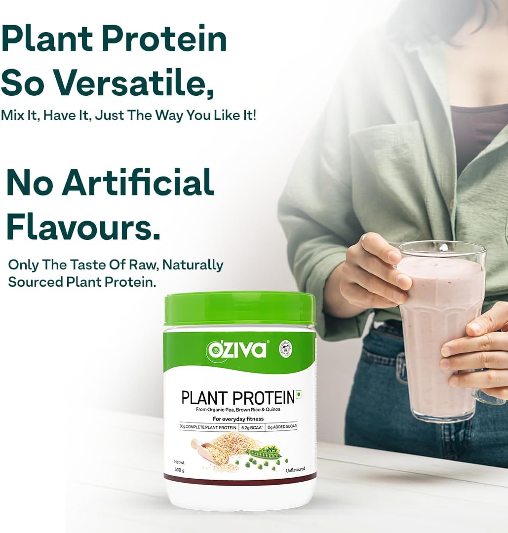 OZIVA Organic Plant Protein Powder - 500g (30g Vegan Protein Blend) for Fitness & Immunity Boost - Unflavored