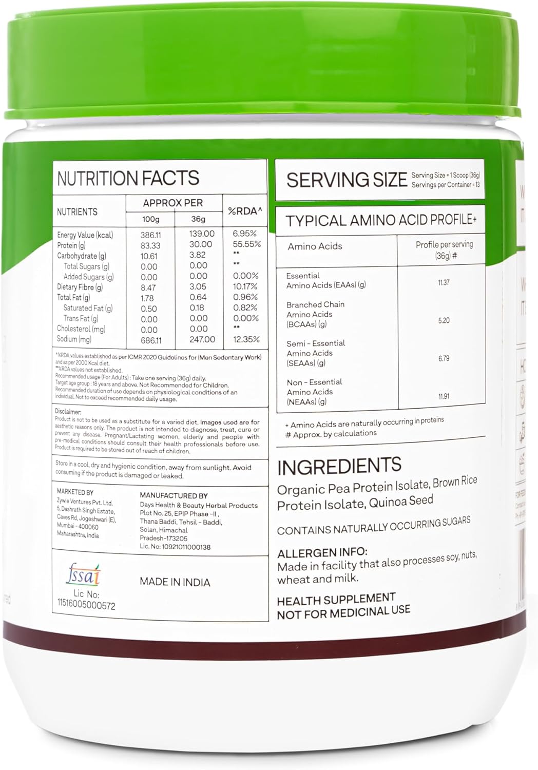 OZIVA Organic Plant Protein Powder - 500g (30g Vegan Protein Blend) for Fitness & Immunity Boost - Unflavored
