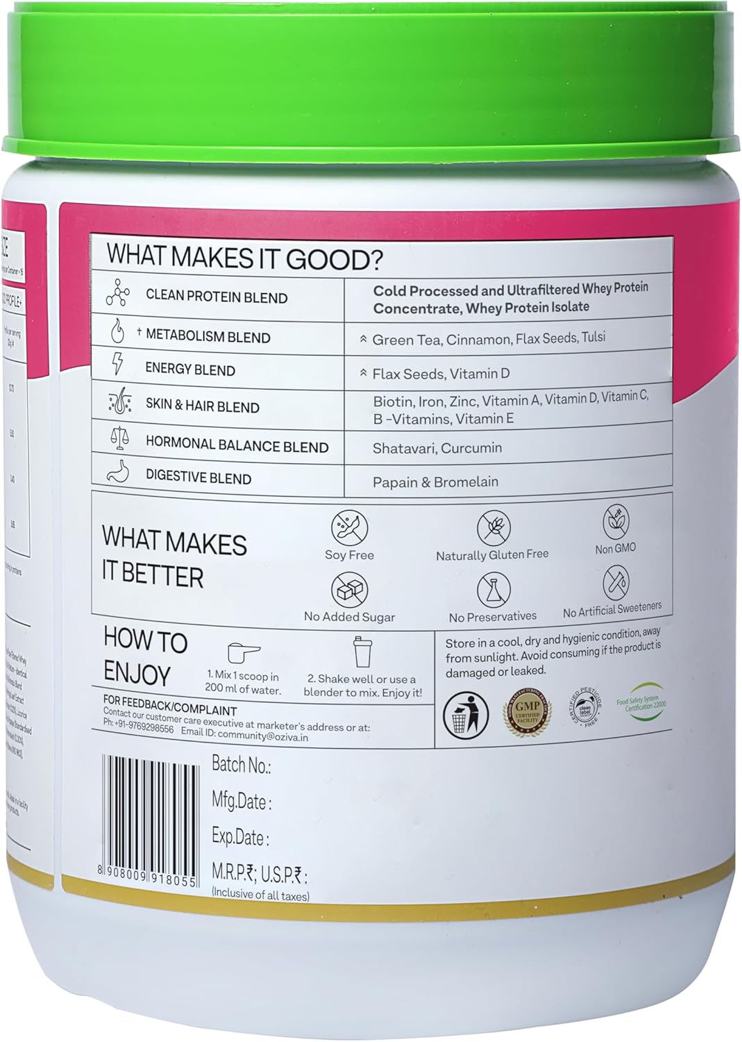 OZIVA Protein & Herbs for Women - 500g (16 Servings) with Multivitamins, Curcumin, Shatavari, Tulsi - Supports Metabolism, Hormonal Balance, Skin, Hair - 1.1lb