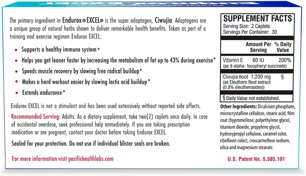 Pacific Health Endurox Excel Natural Performance Supplement with Ciwujia Root - Boost Metabolism & Endurance - 60 Capsules