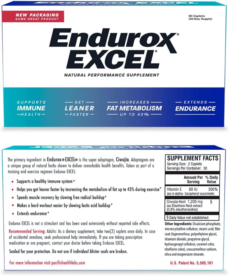 Pacific Health Endurox Excel Natural Performance Supplement with Ciwujia Root - Boost Metabolism & Endurance - 60 Capsules