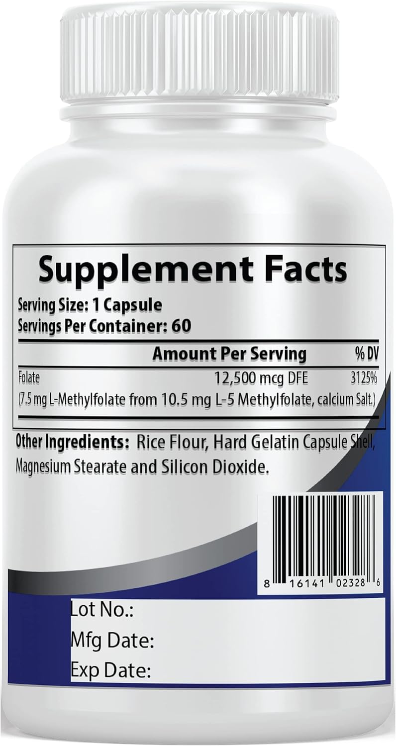 Pacific Nature L-Methylfolate 7.5mg Capsules - Natural Folate for Health Support - Gluten Free, Non-GMO - 60 Count