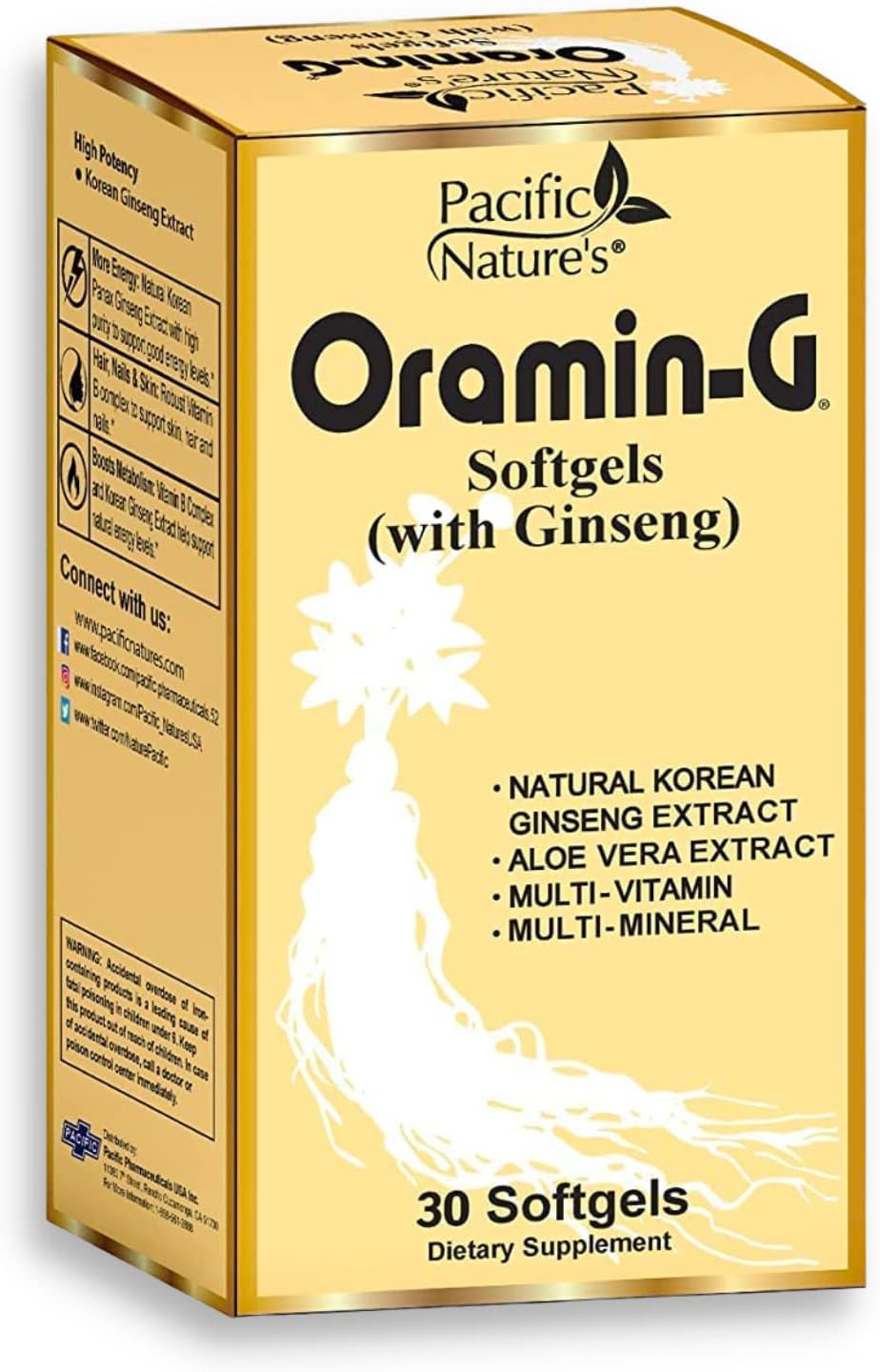 Pacific Nature's Oramin G Softgels - Energy, Immunity, & Nutritional Support Supplement with Korean Ginseng, Aloe Vera, Vitamin B Complex, and Zinc - 30 Count