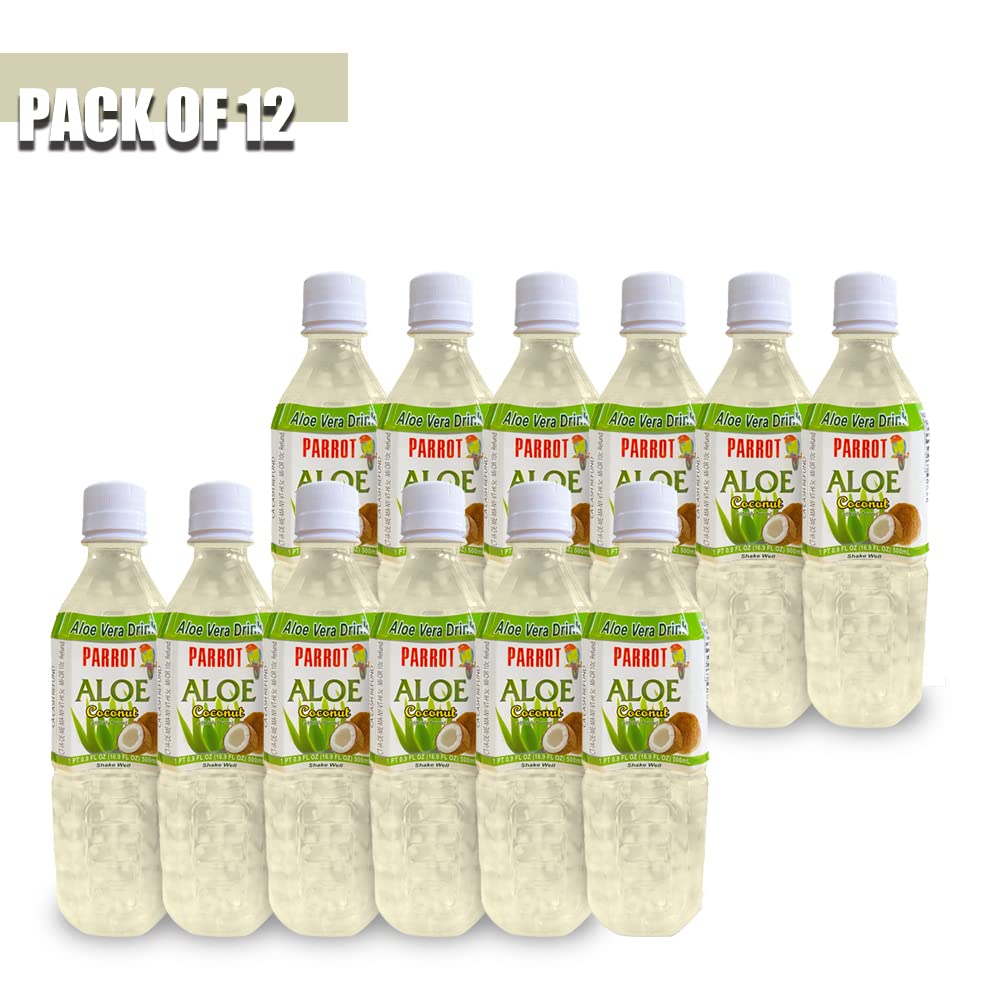 Pack of 10 Parrot Brand Coconut Flavored Aloe Vera Juice Drinks, 16.9 oz (500mL)