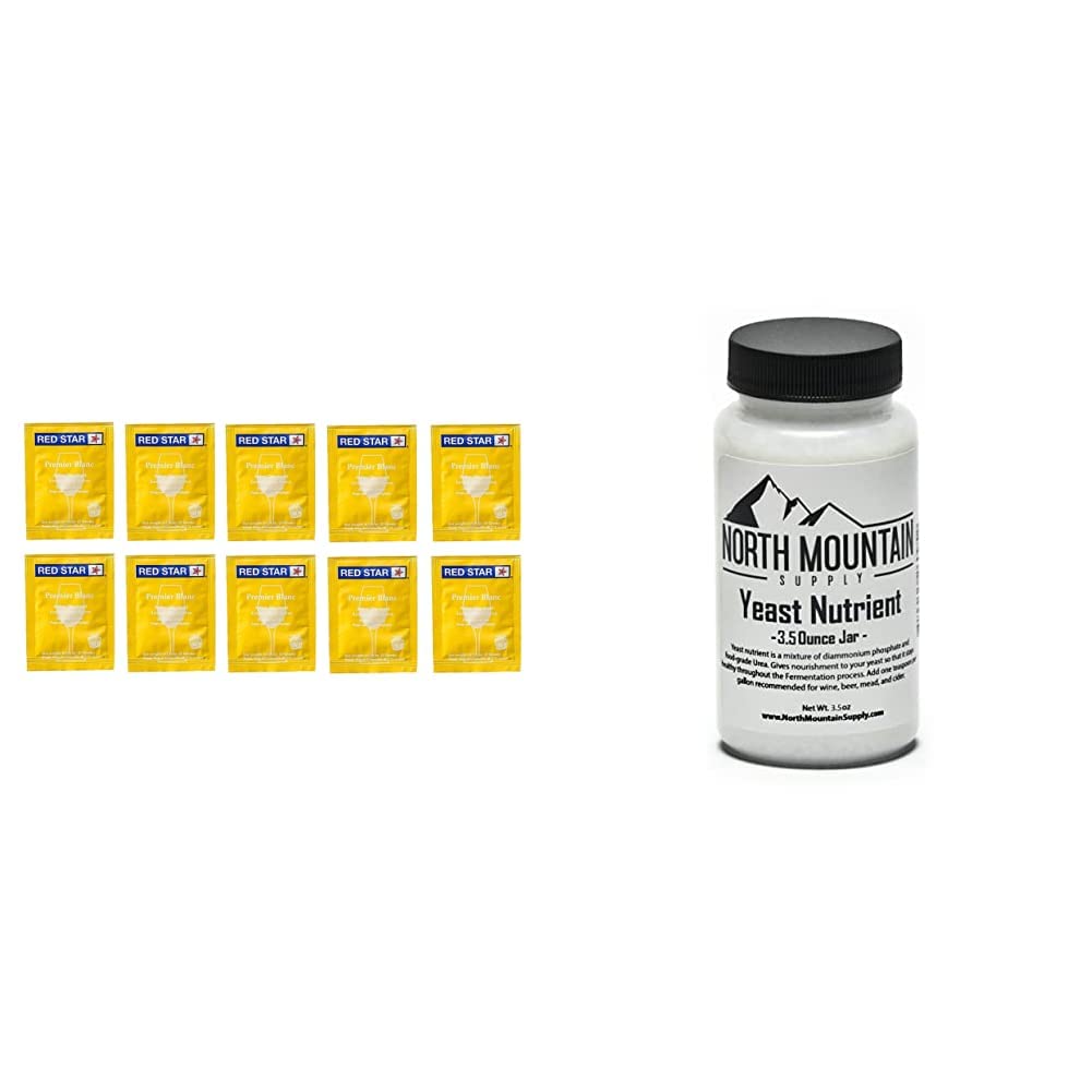 Pack of 10 Red Star Premier Blanc Champagne Yeast & 3.5oz North Mountain Supply Food Grade Yeast Nutrient Jar