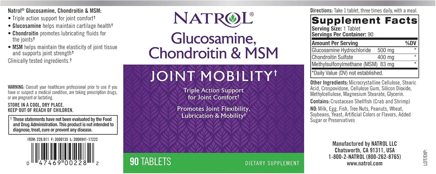 Pack of 12 Natrol Glucosamine, Chondroitin, and MSM Joint Mobility Tablets - 90 Count