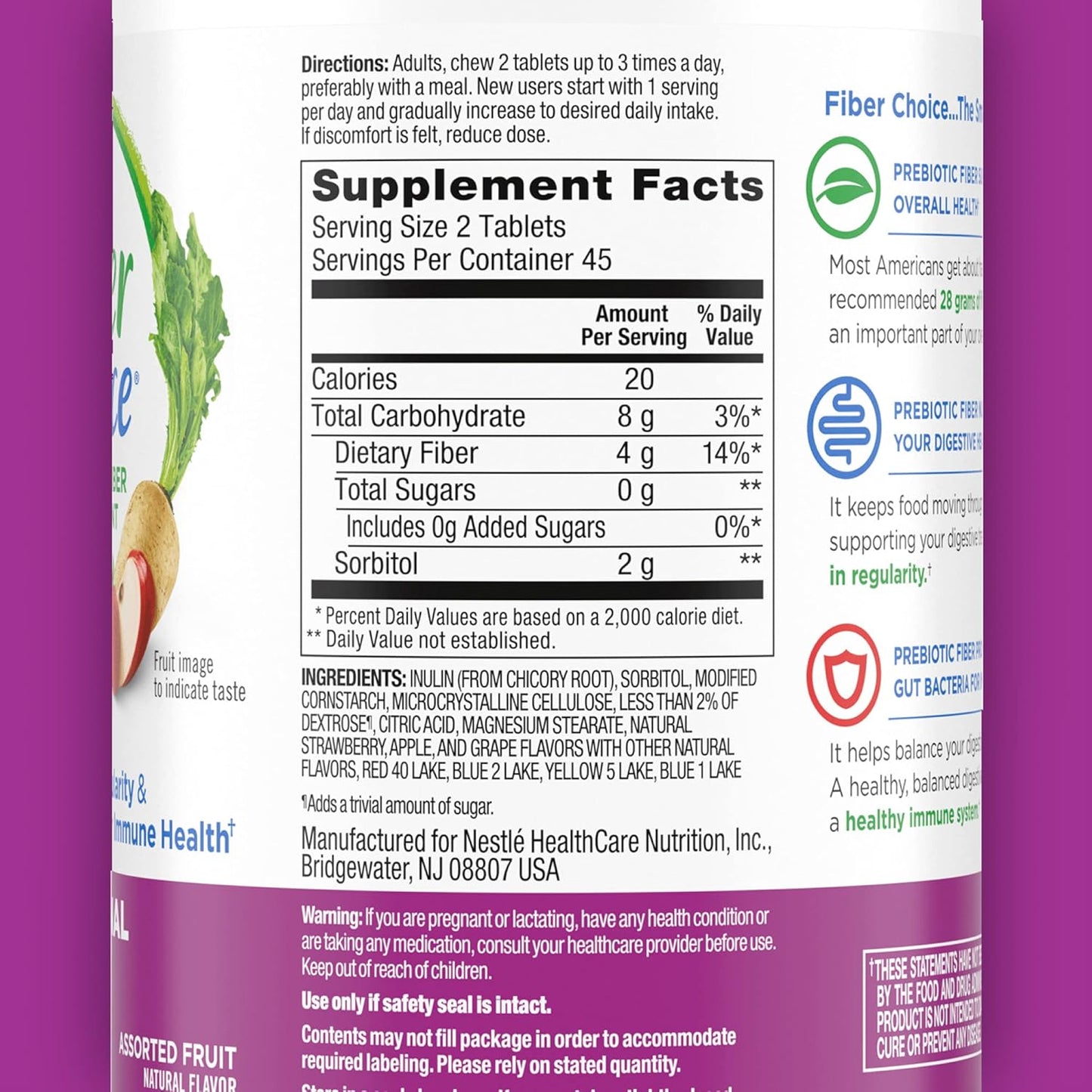 Pack of 180 Fiber Choice Daily Prebiotic Fiber Chewable Tablets in Assorted Fruit Flavors