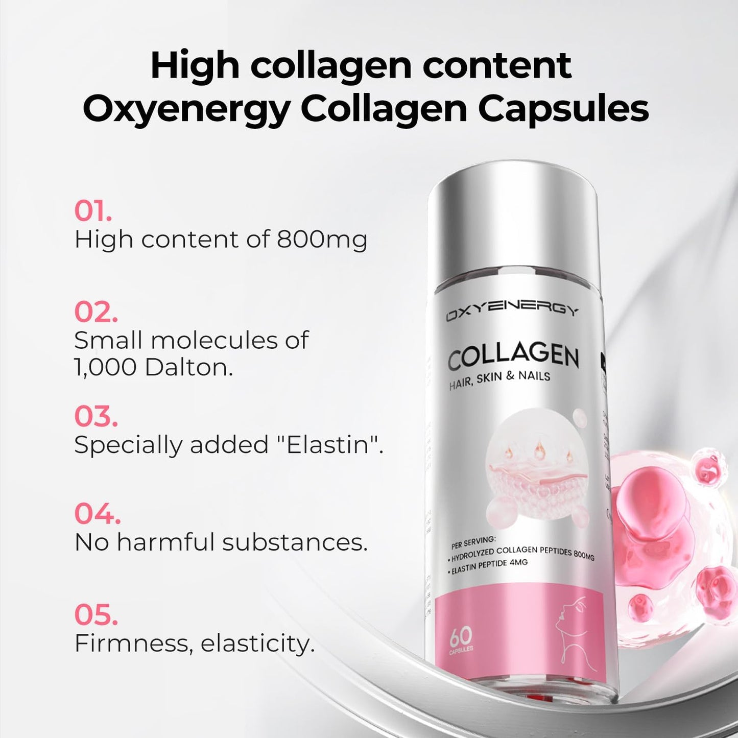 Pack of 180 OxyEnergy Collagen Peptides Capsules for Women - 800mg Hydrolyzed Collagen Supplements with Elastin Peptides - Promotes Hair, Nail, Skin Health