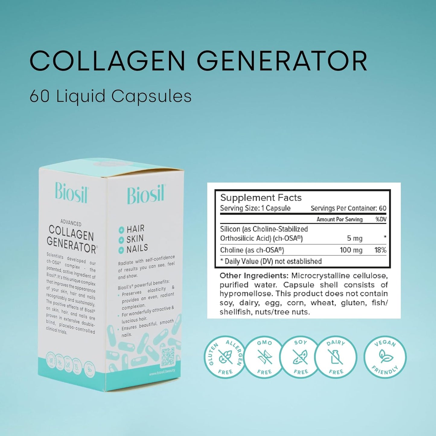 Pack of 2 Biosil Collagen Generator Liquid Capsules with Patented ch-OSA Complex - Generate & Protect Collagen - GMO Free - 60-Day Supply