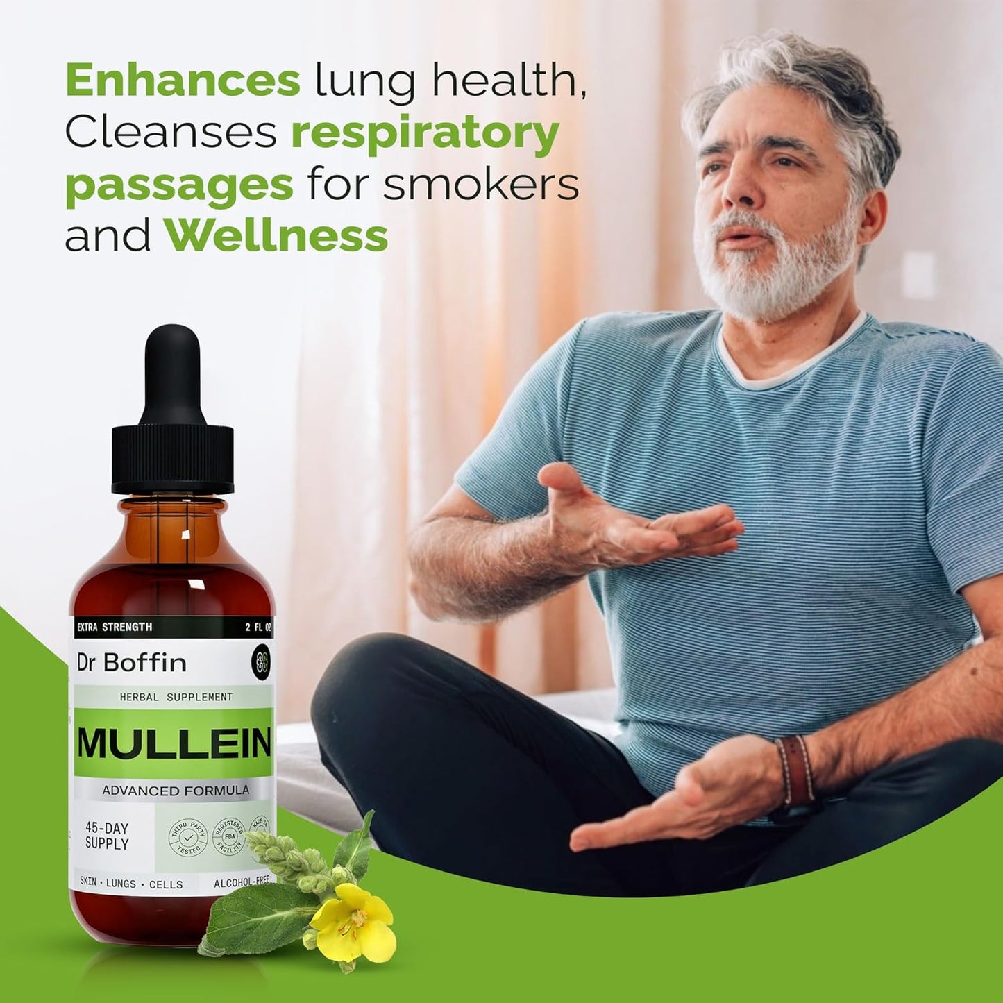 Pack of 2 Dr Boffin Mullein Leaf Liquid Extract 2 Fl Oz - Extra Strength Lung Cleanse and Detox Supplement Tincture for Respiratory Health and Immune Support