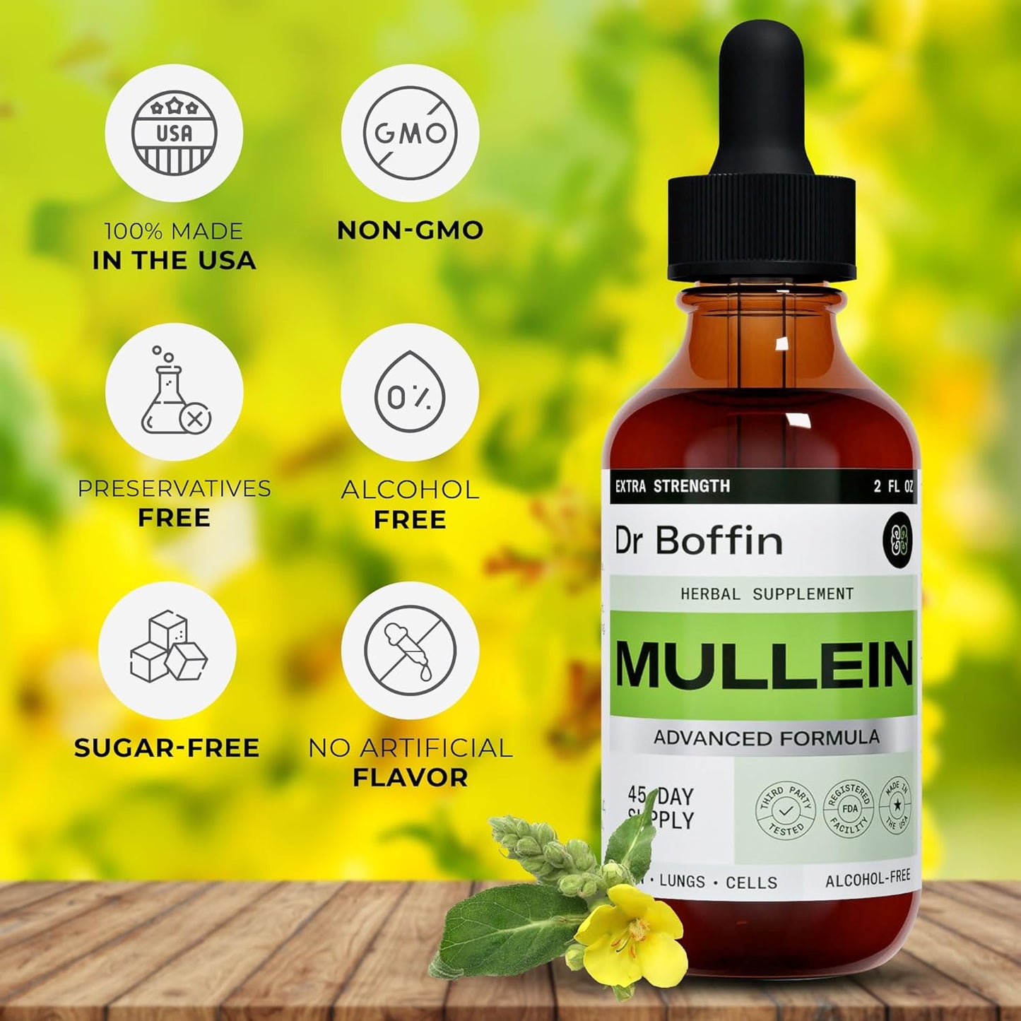 Pack of 2 Dr Boffin Mullein Leaf Liquid Extract 2 Fl Oz - Extra Strength Lung Cleanse and Detox Supplement Tincture for Respiratory Health and Immune Support