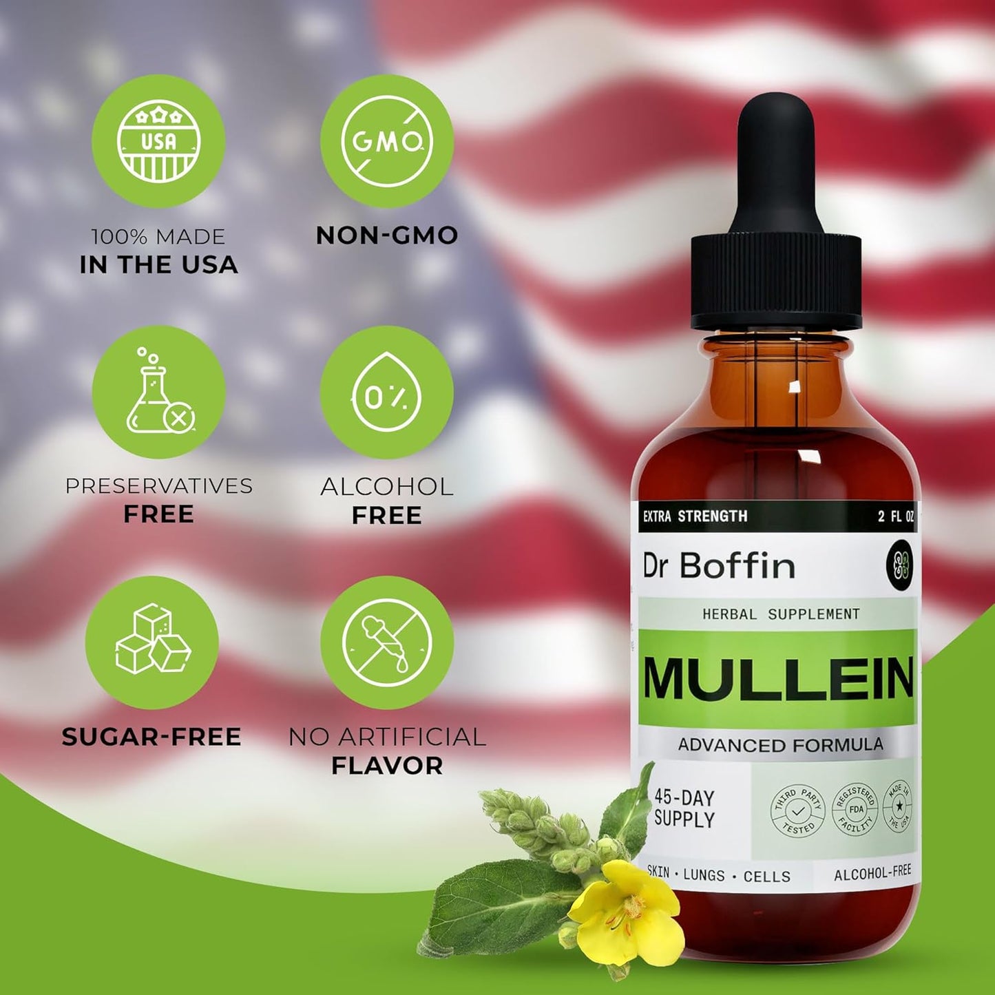 Pack of 2 Dr Boffin Mullein Leaf Liquid Extract 2 Fl Oz - Extra Strength Lung Cleanse and Detox Supplement Tincture for Respiratory Health and Immune Support