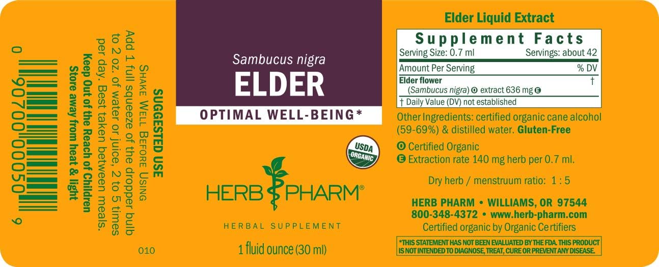 Pack of 2 Herb Pharm Certified Organic Elder Liquid Extract - 1 Ounce Each