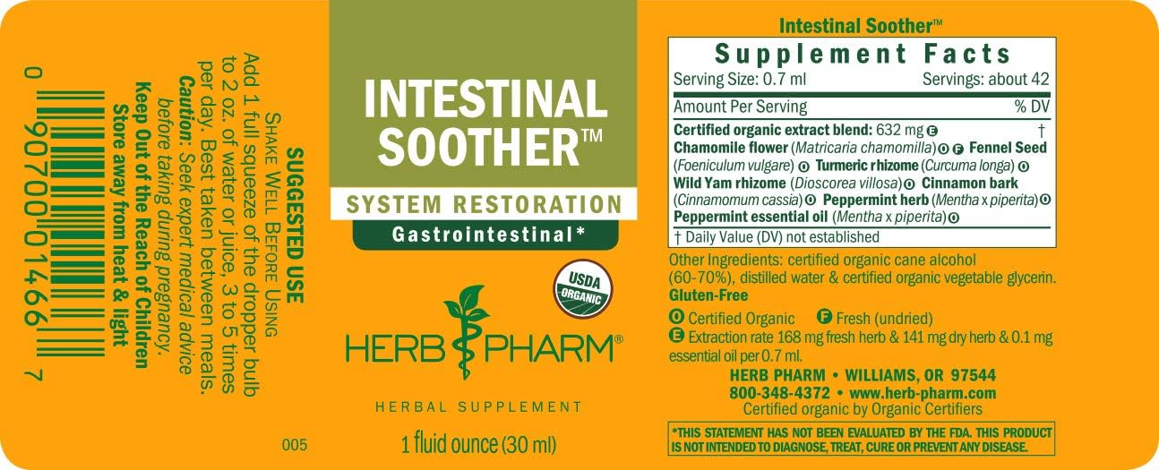 Pack of 2 Herb Pharm Certified Organic Intestinal Soother Liquid with Turmeric Extract - 1oz