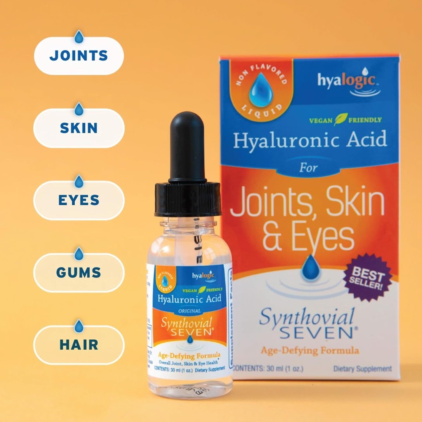 Pack of 2 Hyalogic Synthovial Seven Liquid HA Supplement for Skin, Joints, Eyes, Lips - 1oz - Gluten-Free, Vegan - Oral Hyaluronic Acid
