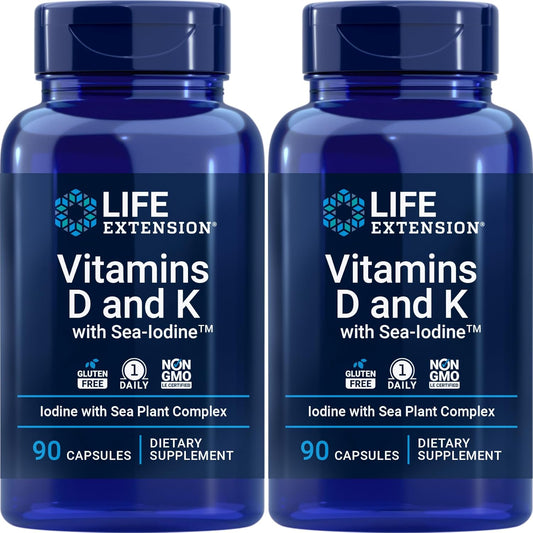 Pack of 2 Life Extension Vitamins D & K with Sea-Iodine Capsules for Longevity Support