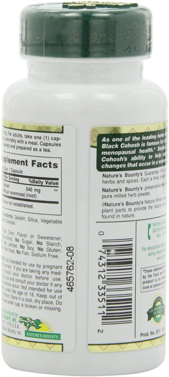 Pack of 2 Nature's Bounty Black Cohosh 540mg Capsules - Natural Whole Herb Supplement for Women's Health
