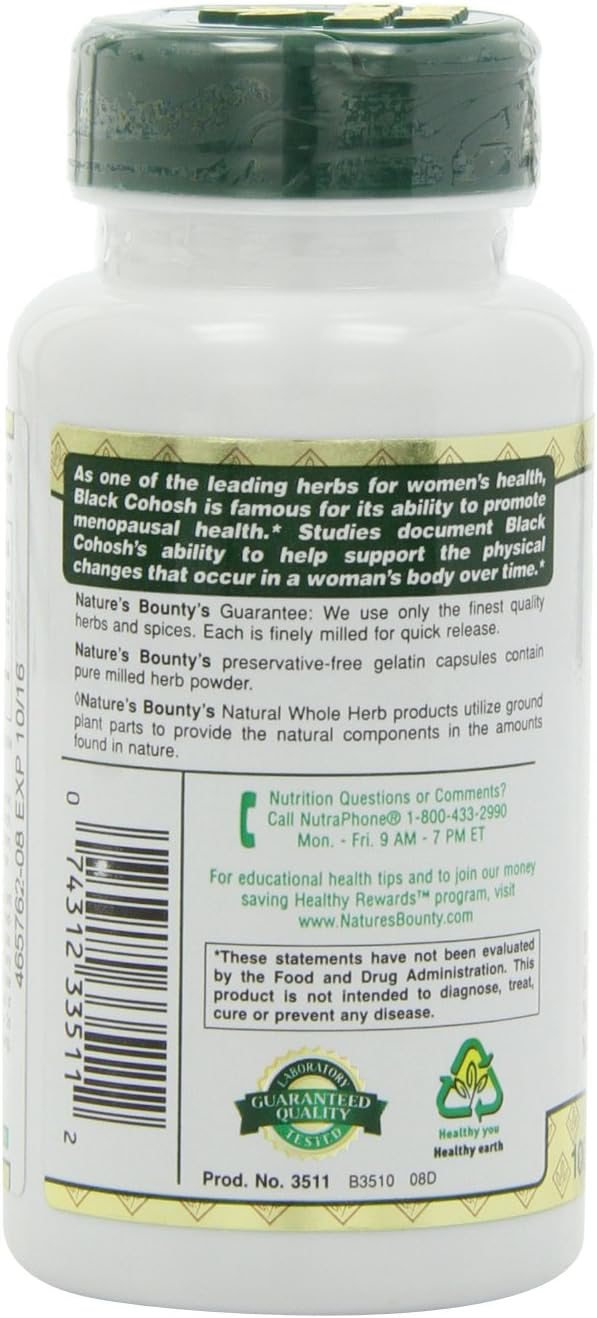 Pack of 2 Nature's Bounty Black Cohosh 540mg Capsules - Natural Whole Herb Supplement for Women's Health