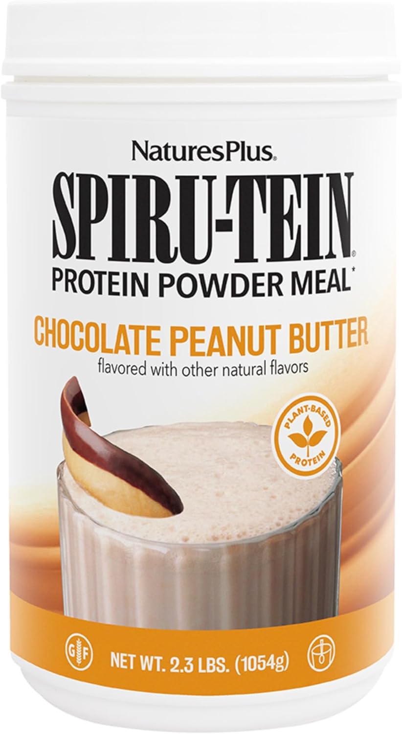 Pack of 2 Natures Plus SPIRU-TEIN Chocolate Peanut Butter Plant-Based Protein Powder - 2.3 lbs - 68 Servings - Vegetarian & Gluten Free
