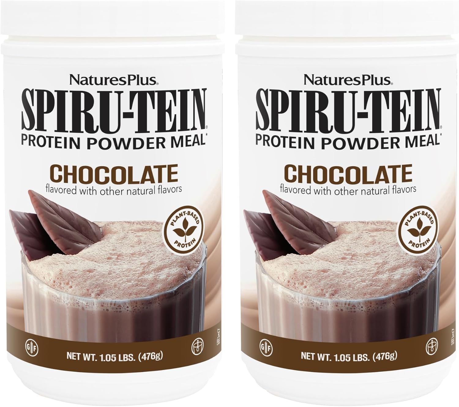 Pack of 2 NaturesPlus SPIRU-TEIN Chocolate Plant-Based Protein Shake - 1.05 lbs - Non-GMO, Vegetarian, Gluten Free - 34 Servings
