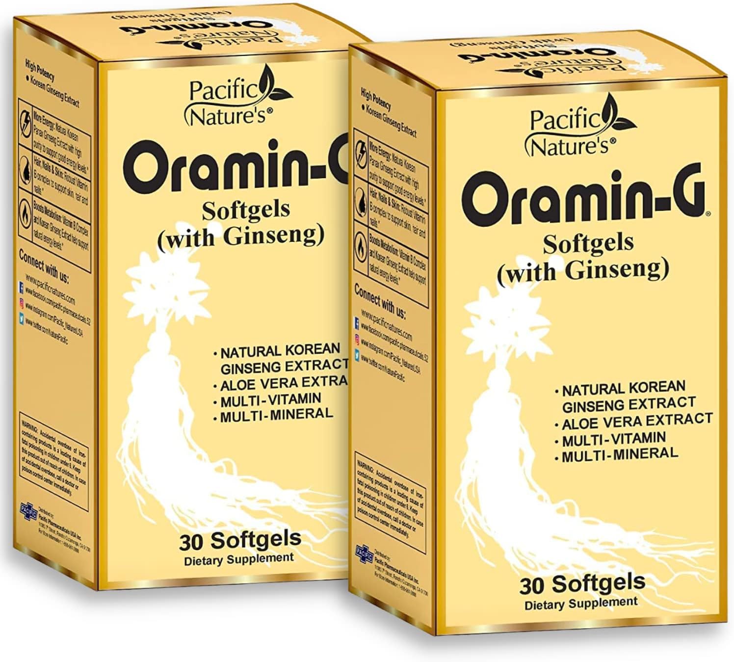Pack of 2 Pacific Nature's Oramin G Softgels with Korean Ginseng, Aloe Vera, Vitamin B Complex, and Zinc for Energy, Immunity, & Nutritional Support